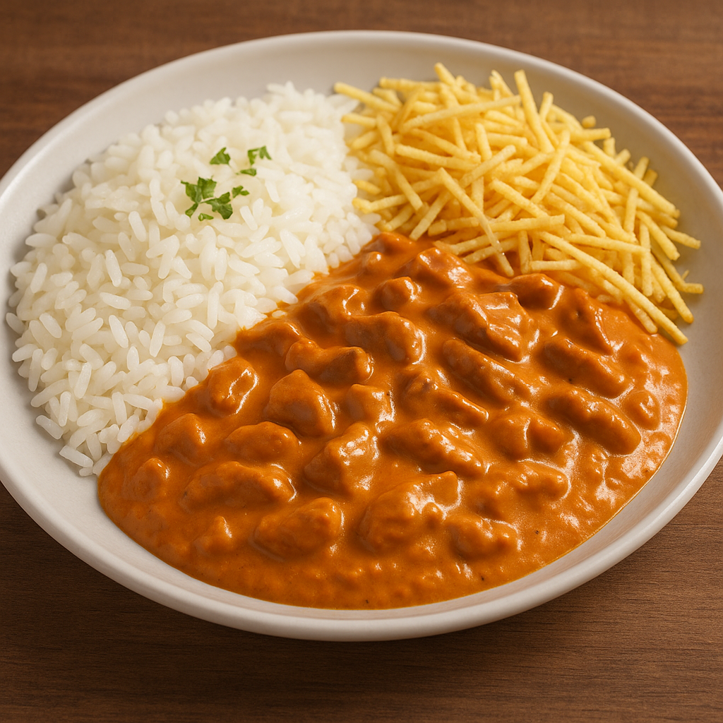 Beef Stroganoff with Rice & Potato Sticks / Estrogonofe de Carne com Arroz e Batata Palha