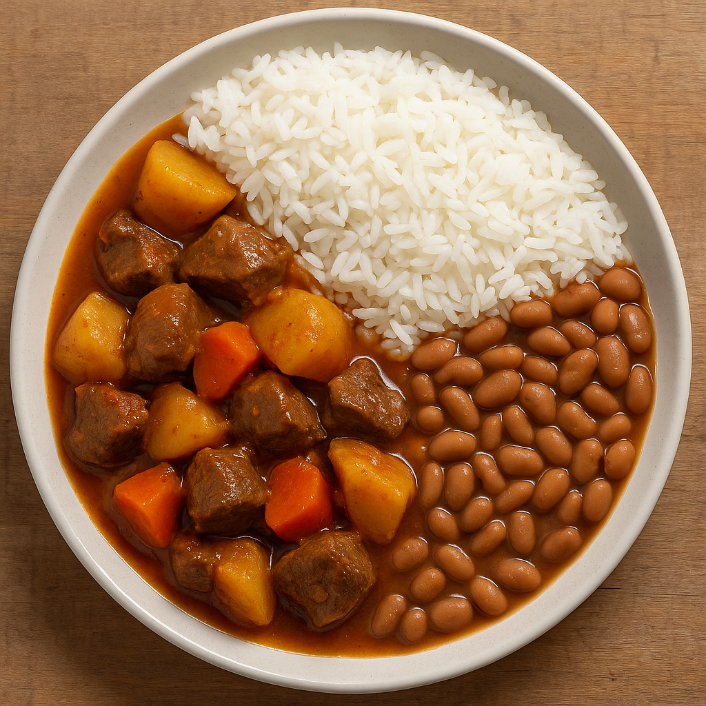 Braised Beef with Potatoes, Rice & Beans / Carne de Panela com Batata, Arroz e Feijão