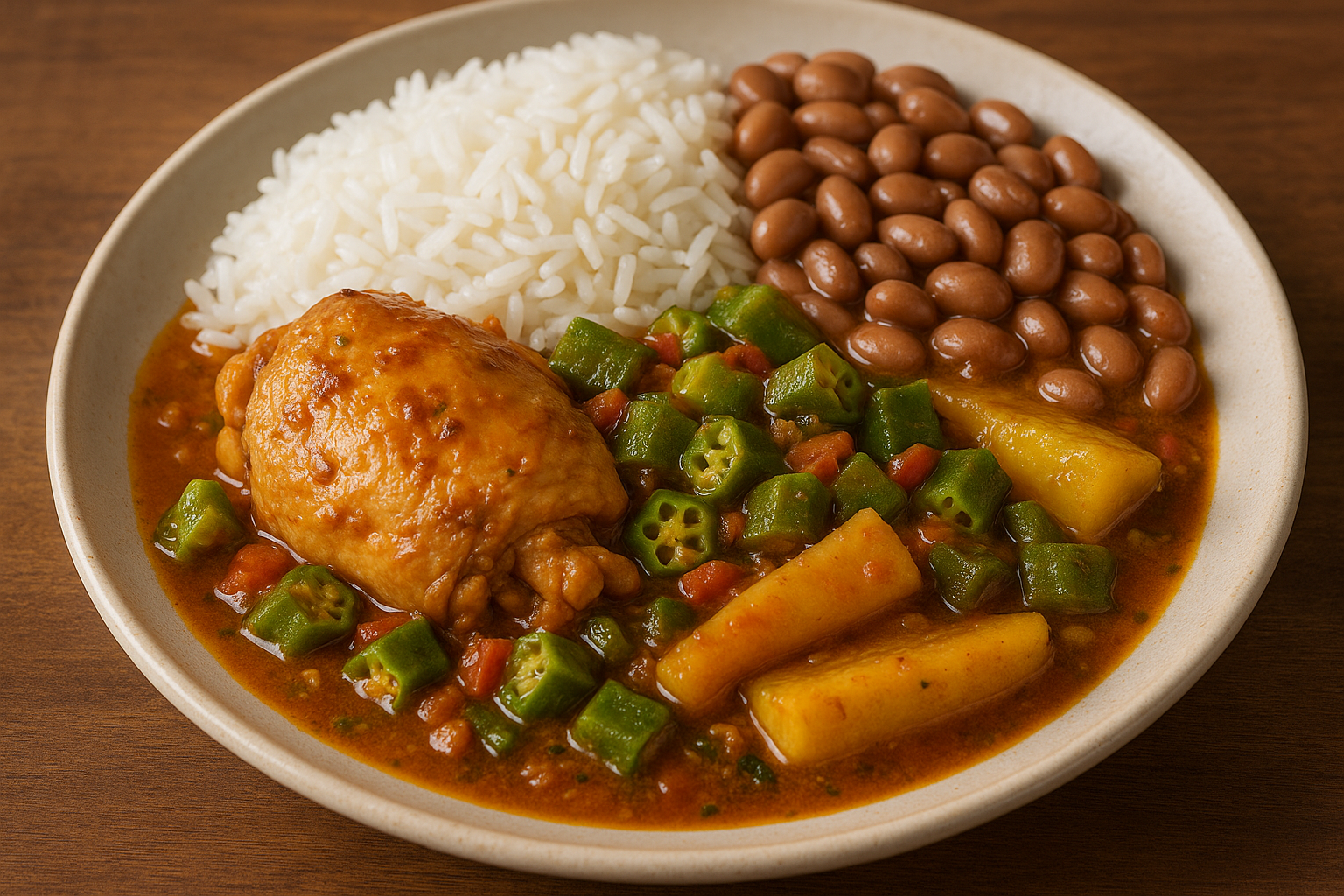 Chicken with Okra, Rice & Beans / Frango com Quiabo, Arroz e Feijão