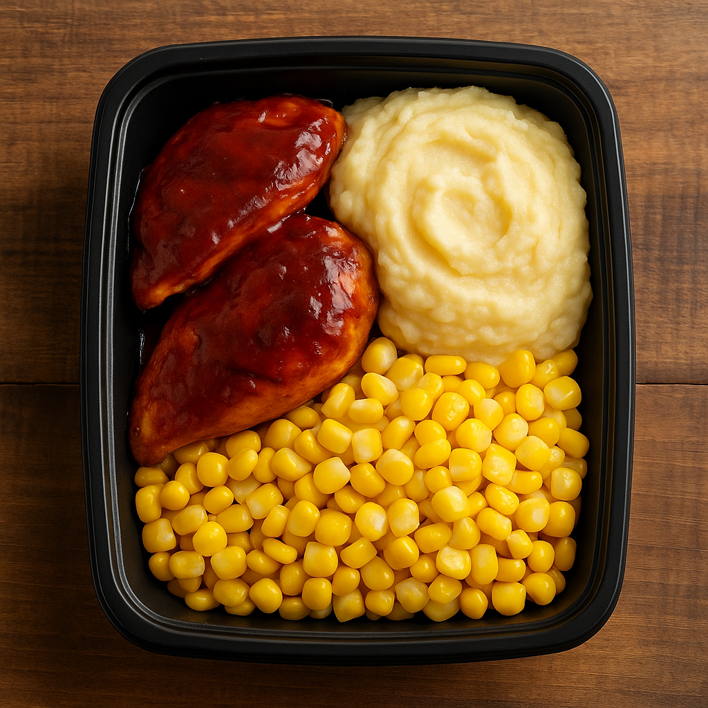 BBQ Chicken com Purê de Batata e Milho (BBQ Chicken with Mashed Potatoes and Corn)