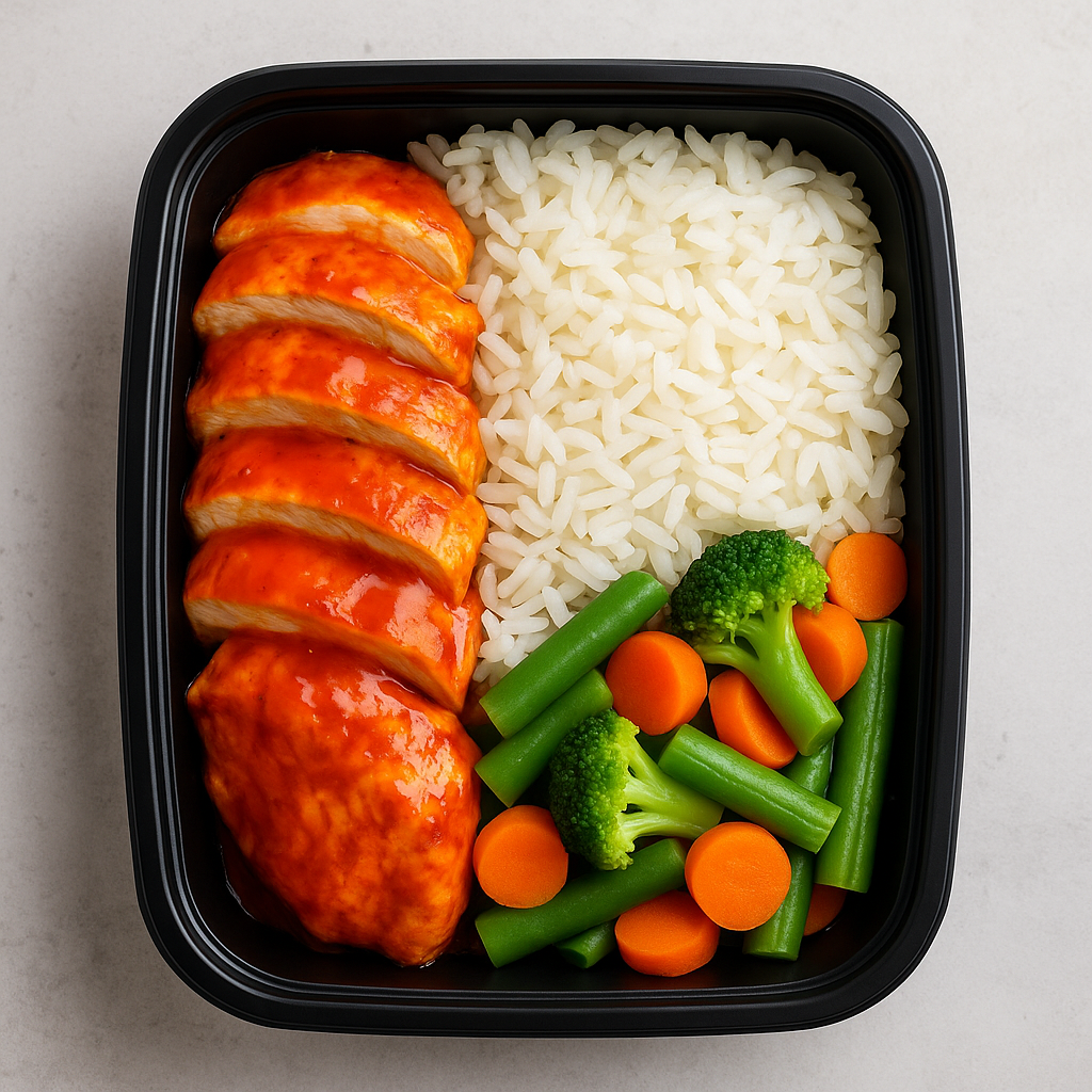 Buffalo Chicken com Arroz e Legumes (Buffalo Chicken with Rice and Vegetables)