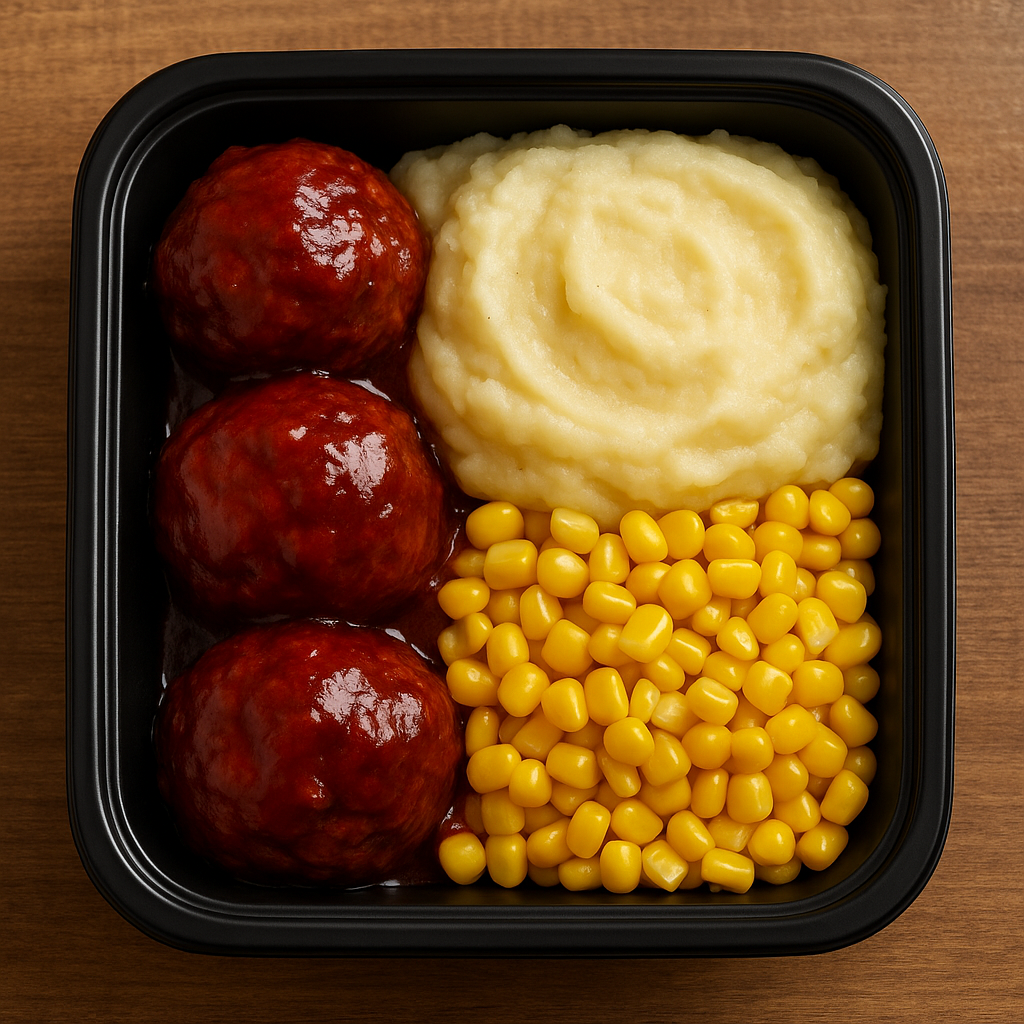 BBQ Meatballs com Purê de Batata e Milho (BBQ Meatballs with Mashed Potatoes and Corn)